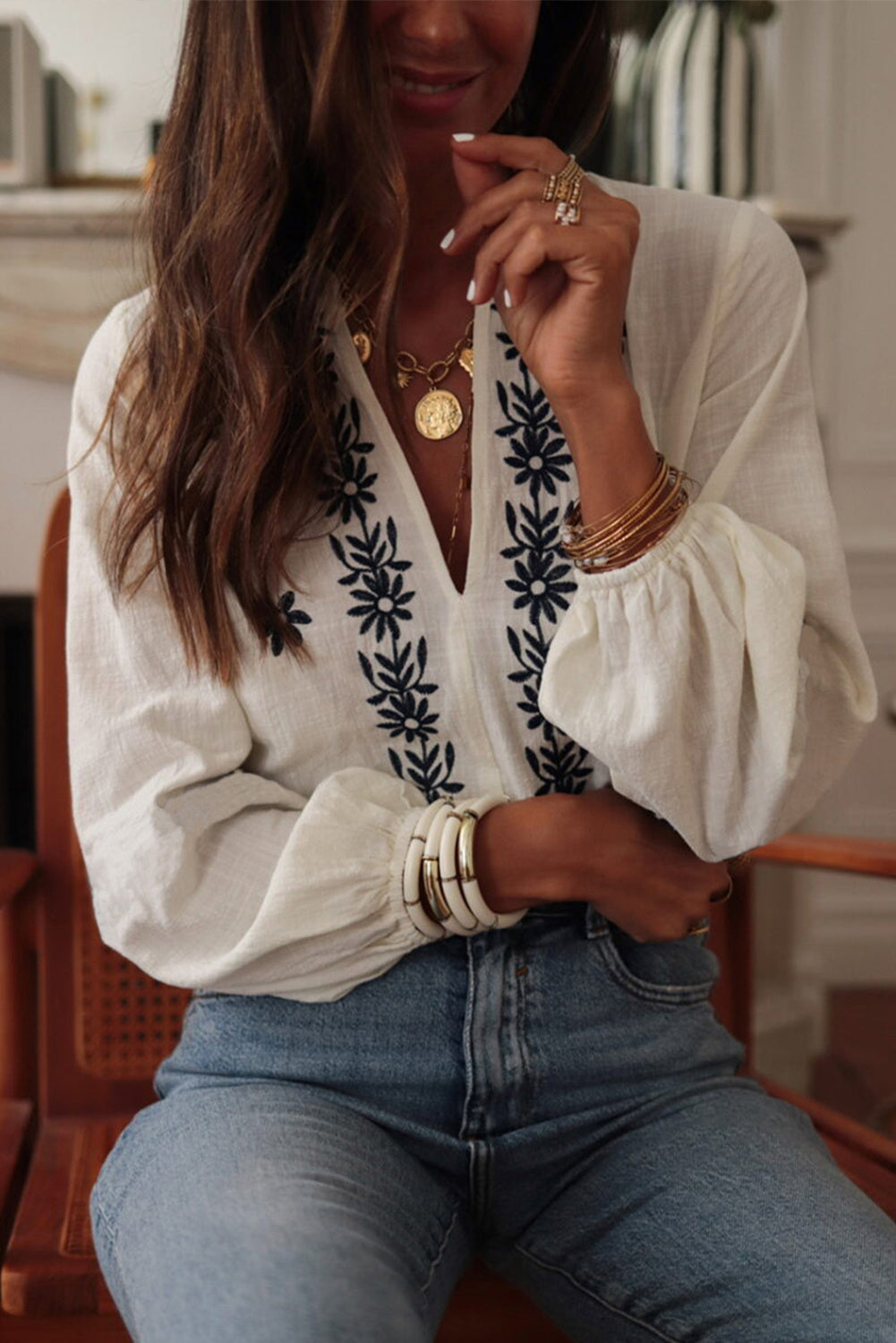 Blouse Blanche à Fleurs Brodées