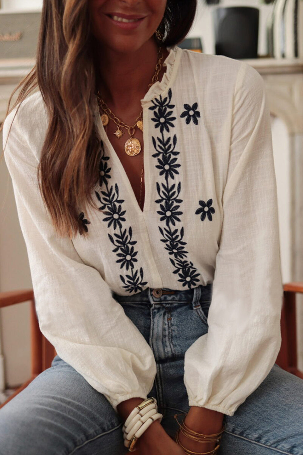 Blouse Blanche à Fleurs Brodées