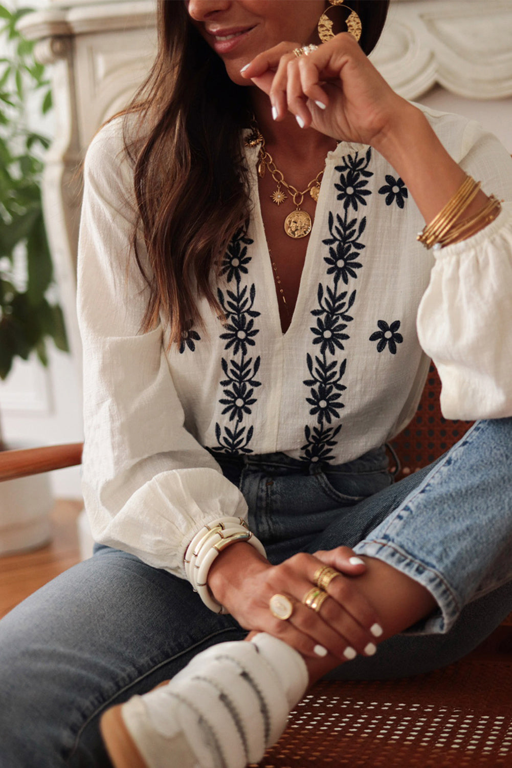 Blouse Blanche à Fleurs Brodées