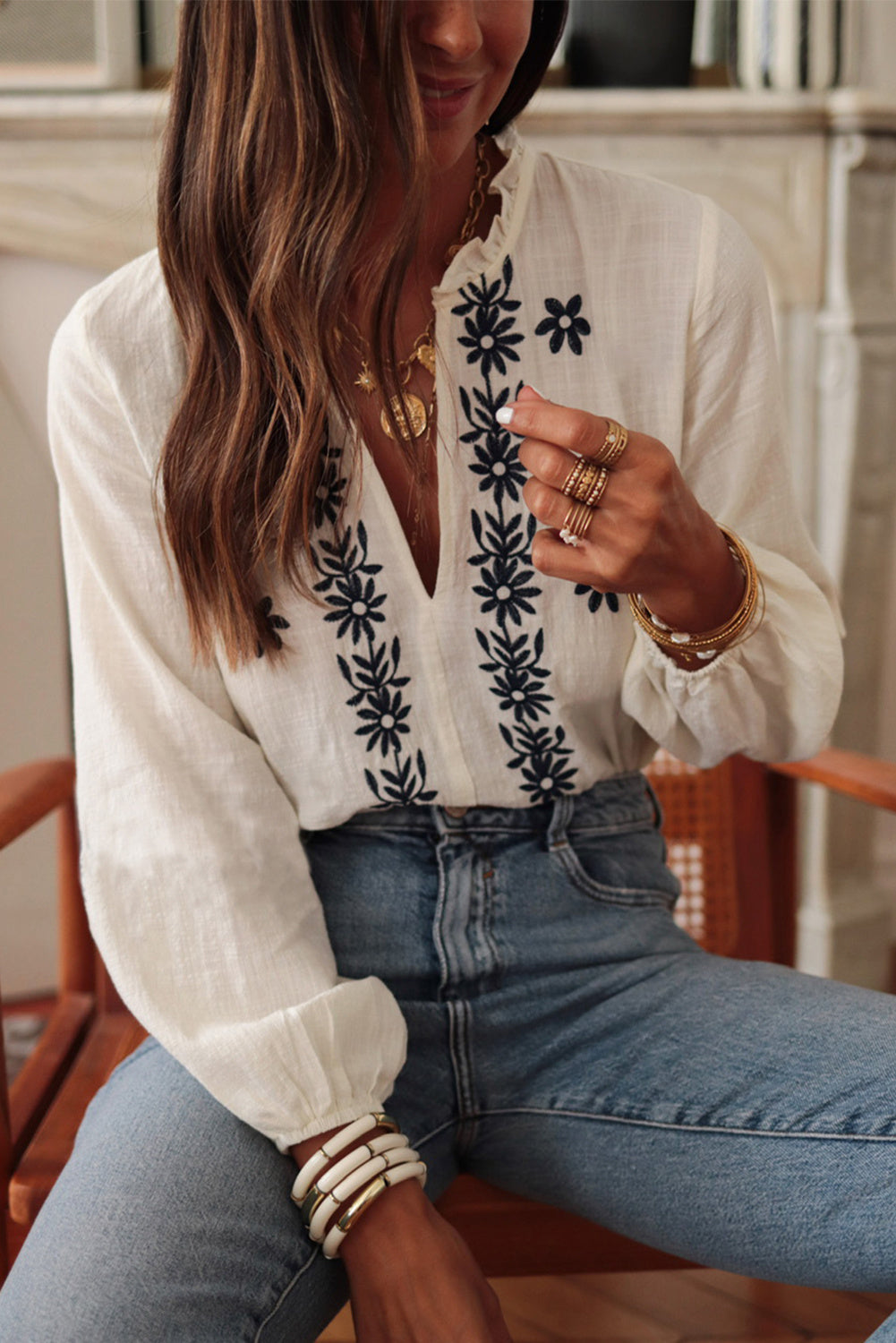 Blouse Blanche à Fleurs Brodées