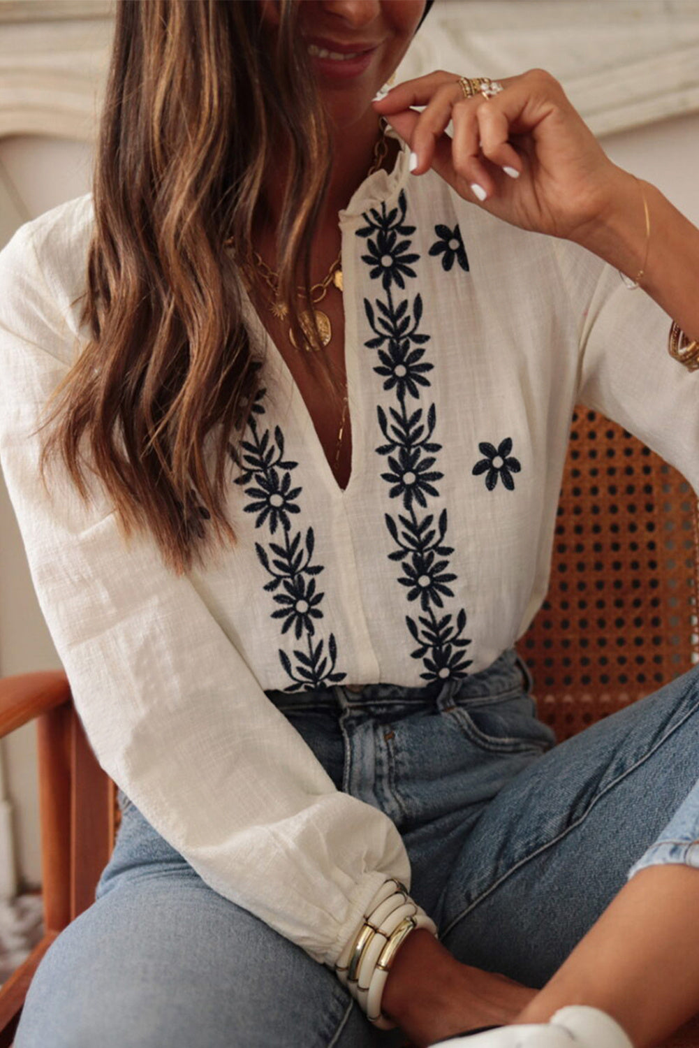 Blouse Blanche à Fleurs Brodées
